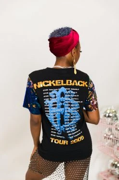 Fringe Co Nickleback Blue Iridescent Sequin Sleeve Party TEe