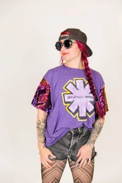 Fringe Co Red Hot Chili Peppers Purple Holographic Sequin Sleeve Party Tee