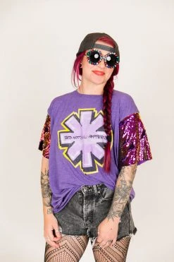 Fringe Co Red Hot Chili Peppers Purple Holographic Sequin Sleeve Party Tee