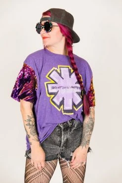 Fringe Co Red Hot Chili Peppers Purple Holographic Sequin Sleeve Party Tee