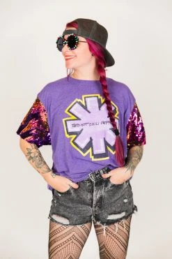 Fringe Co Red Hot Chili Peppers Purple Holographic Sequin Sleeve Party Tee