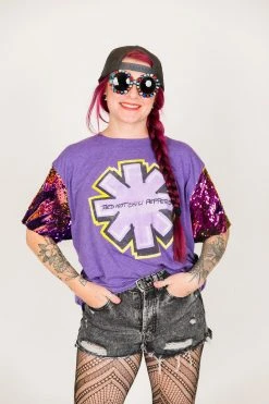 Fringe Co Red Hot Chili Peppers Purple Holographic Sequin Sleeve Party Tee