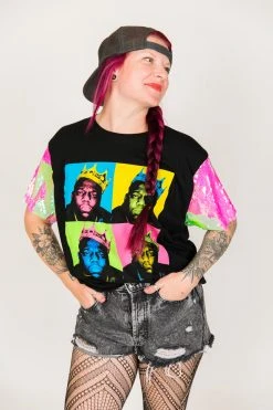 Fringe Co Party Tees Biggie Neon Pink And Green Sequin Sleeve Party Tee