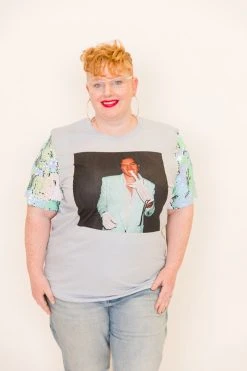 Fringe Co Harry Styles Blue Iridescent Sequin Sleeve Party Tee Party Tees