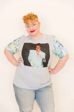 Fringe Co Harry Styles Blue Iridescent Sequin Sleeve Party Tee Party Tees