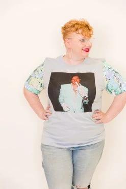 Fringe Co Harry Styles Blue Iridescent Sequin Sleeve Party Tee Party Tees