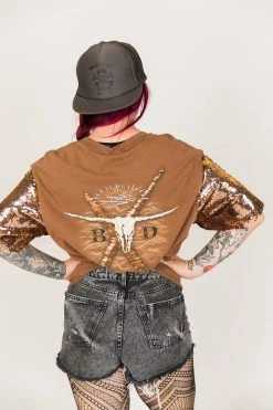 Fringe Co Party Tees Brooks & Dunn Gold And Bronze Sequin Sleeve Party Tee