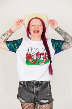 Fringe Co Party Tees Crawdads Green Iridescent Sequin Sleeve