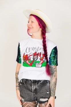 Fringe Co Party Tees Crawdads Green Iridescent Sequin Sleeve