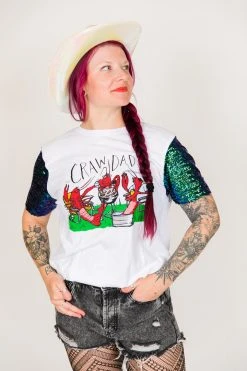Fringe Co Party Tees Crawdads Green Iridescent Sequin Sleeve 7 Fringe Co Party Tees Crawdads Green Iridescent Sequin Sleeve