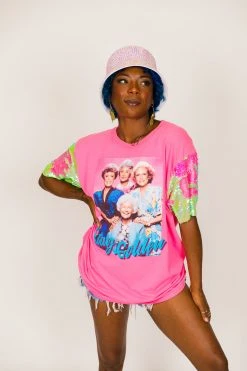 Fringe Co Golden Girls Pink And Green Neon Sequin Sleeve Party Tee