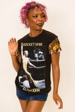 Fringe Co Elton John Rose Gold And Gold Sequin Sleeve Party Tee Party Tees