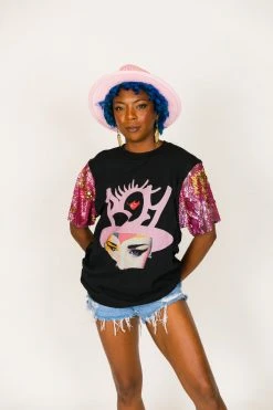 Fringe Co Party Tees Boy George Pink And Gold Sequin Sleeve Party Tee
