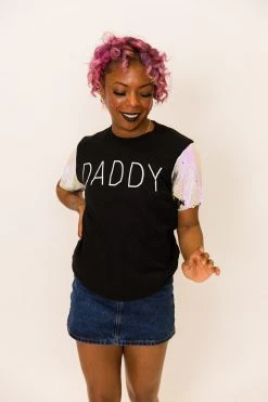 Fringe Co Daddy White And Black Sequin Sleeve Party Tee