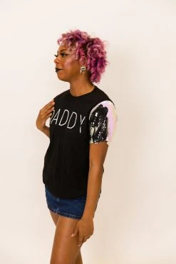Fringe Co Daddy White And Black Sequin Sleeve Party Tee