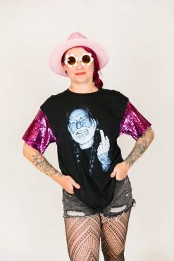 Fringe Co Party Tees Willie Nelson Pink Sequin Sleeve Party Tee