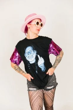 Fringe Co Party Tees Willie Nelson Pink Sequin Sleeve Party Tee