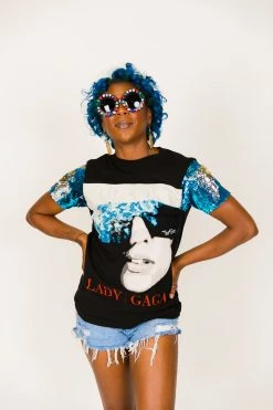 Fringe Co Lady GaGa Blue And Silver Sequin Sleeve Party Tee Party Tees