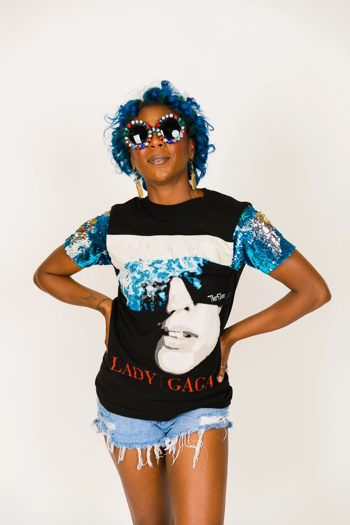 Fringe Co Lady GaGa Blue And Silver Sequin Sleeve Party Tee Party Tees 1 Fringe Co Lady GaGa Blue And Silver Sequin Sleeve Party Tee Party Tees