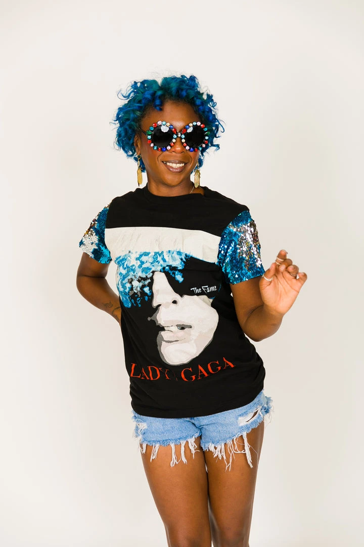 Fringe Co Lady GaGa Blue And Silver Sequin Sleeve Party Tee Party Tees 2 Fringe Co Lady GaGa Blue And Silver Sequin Sleeve Party Tee Party Tees