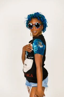 Fringe Co Lady GaGa Blue And Silver Sequin Sleeve Party Tee Party Tees 7 Fringe Co Lady GaGa Blue And Silver Sequin Sleeve Party Tee Party Tees