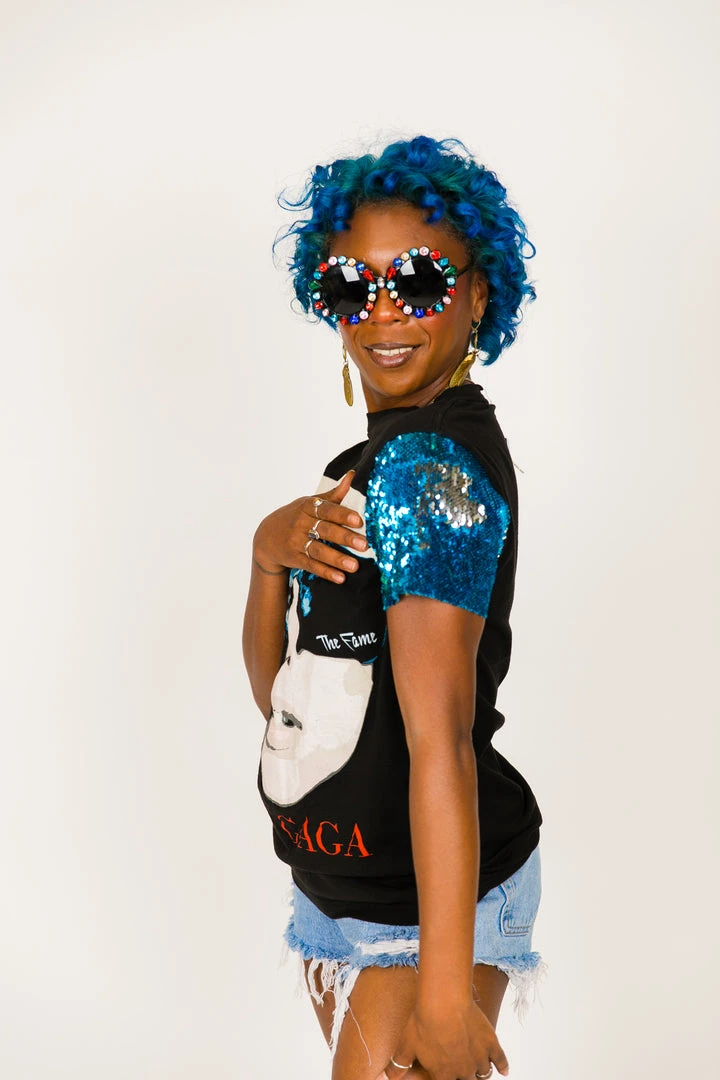 Fringe Co Lady GaGa Blue And Silver Sequin Sleeve Party Tee Party Tees 3 Fringe Co Lady GaGa Blue And Silver Sequin Sleeve Party Tee Party Tees