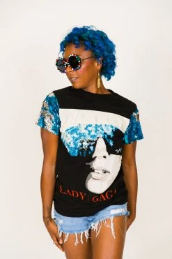 Fringe Co Lady GaGa Blue And Silver Sequin Sleeve Party Tee Party Tees 8 Fringe Co Lady GaGa Blue And Silver Sequin Sleeve Party Tee Party Tees