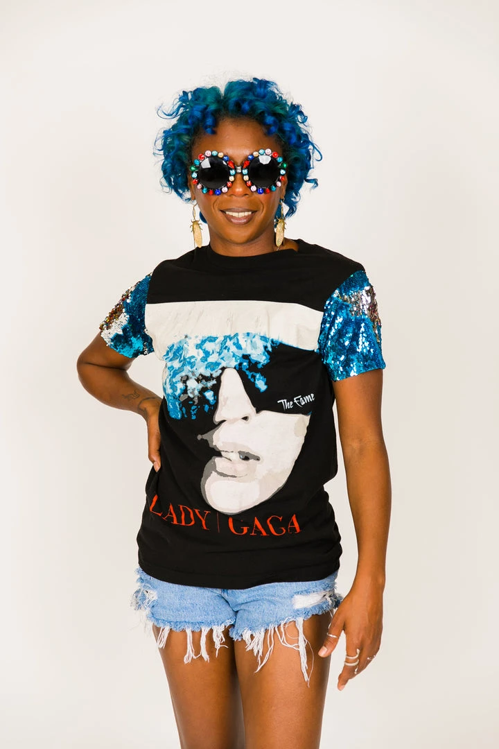 Fringe Co Lady GaGa Blue And Silver Sequin Sleeve Party Tee Party Tees 5 Fringe Co Lady GaGa Blue And Silver Sequin Sleeve Party Tee Party Tees