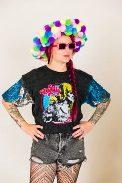 Fringe Co Dolly Parton Blue And Silver Sequin Sleeve Party Tee