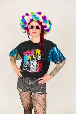 Fringe Co Dolly Parton Blue And Silver Sequin Sleeve Party Tee