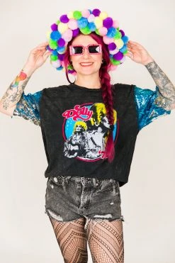 Fringe Co Dolly Parton Blue And Silver Sequin Sleeve Party Tee