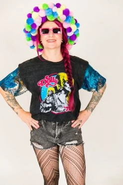 Fringe Co Dolly Parton Blue And Silver Sequin Sleeve Party Tee