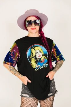 Fringe Co Dolly Parton Blue Holographic Sequin Sleeve Party Tee Party Tees