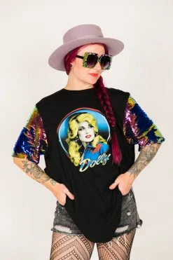 Fringe Co Dolly Parton Blue Holographic Sequin Sleeve Party Tee Party Tees