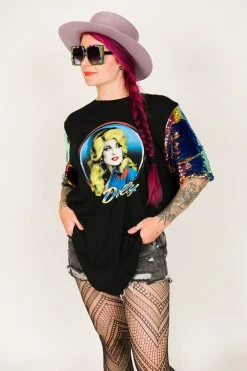 Fringe Co Dolly Parton Blue Holographic Sequin Sleeve Party Tee Party Tees