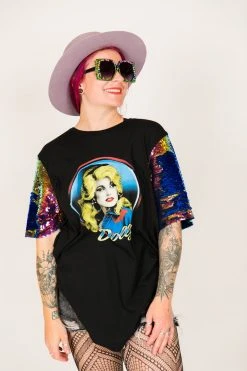 Fringe Co Dolly Parton Blue Holographic Sequin Sleeve Party Tee Party Tees