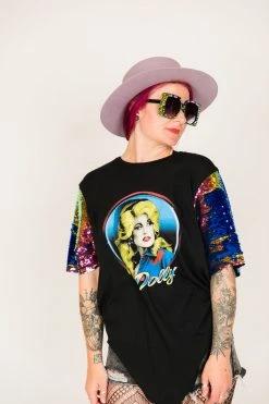 Fringe Co Dolly Parton Blue Holographic Sequin Sleeve Party Tee Party Tees