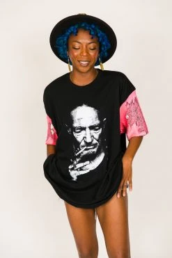 Fringe Co Willie Nelson Matte Pink And Silver Sequin Sleeve Party Tee Party Tees