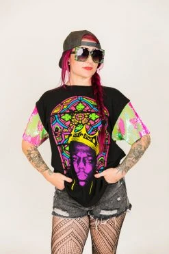 Fringe Co Biggie Neon Pink And Green Sequin Sleeve Party Tee Party Tees