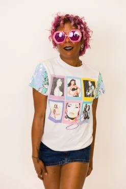 Fringe Co Party Tees Selena Blue Iridescent Sequin Sleeve Party Tee