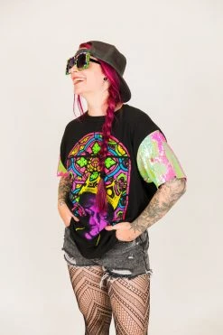 Fringe Co Biggie Neon Pink And Green Sequin Sleeve Party Tee Party Tees