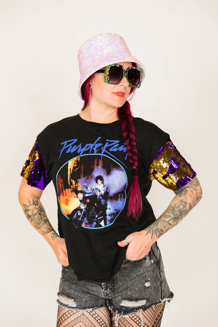 Fringe Co Prince Purple And Gold Sequin Sleeve Party Tee Party Tees 1 Fringe Co Prince Purple And Gold Sequin Sleeve Party Tee Party Tees