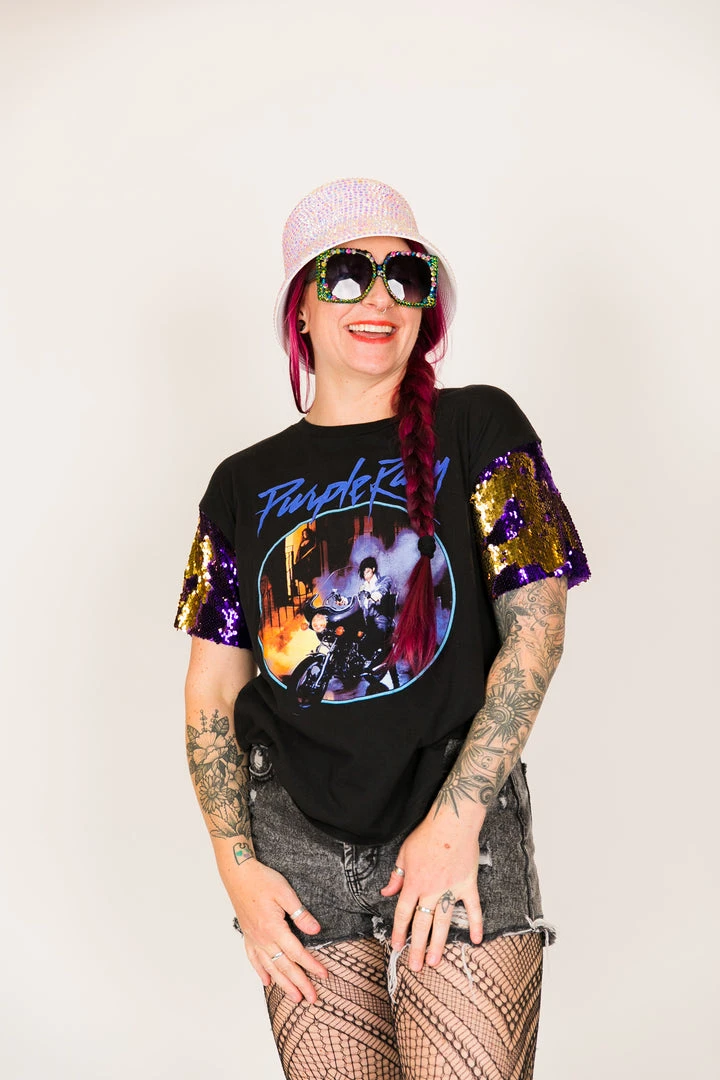 Fringe Co Prince Purple And Gold Sequin Sleeve Party Tee Party Tees 4 Fringe Co Prince Purple And Gold Sequin Sleeve Party Tee Party Tees