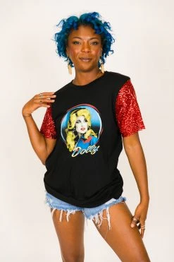Fringe Co Dolly Parton Red Sequin Sleeve Party Tee