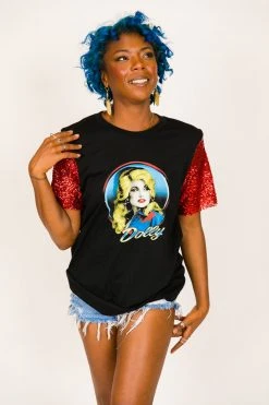 Fringe Co Dolly Parton Red Sequin Sleeve Party Tee
