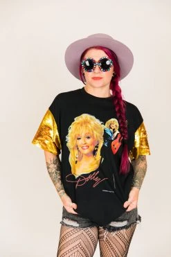 Fringe Co Party Tees Dolly Parton Gold Sequin Sleeve Party Tee