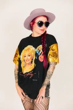 Fringe Co Party Tees Dolly Parton Gold Sequin Sleeve Party Tee