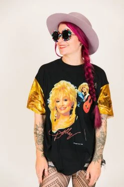 Fringe Co Party Tees Dolly Parton Gold Sequin Sleeve Party Tee