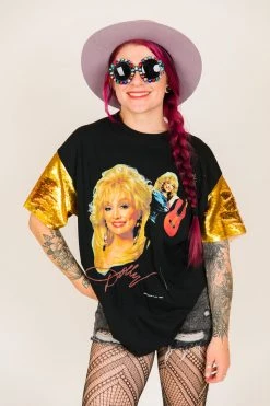 Fringe Co Party Tees Dolly Parton Gold Sequin Sleeve Party Tee