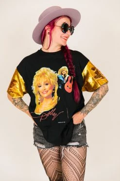 Fringe Co Party Tees Dolly Parton Gold Sequin Sleeve Party Tee